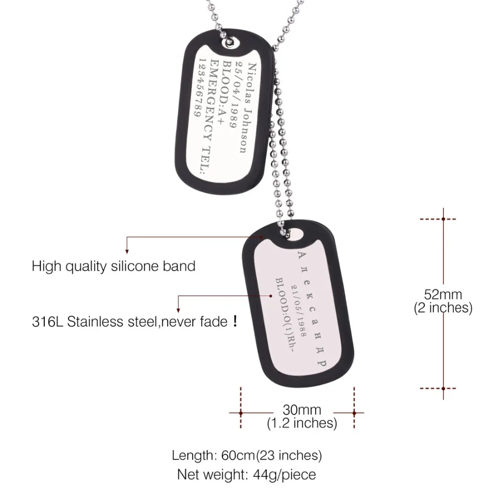 U7 изготовленный на заказ Медицинский ID Dog Tag Цепочки и ожерелья с подвесками с Нержавеющая сталь цепи 2" Для мужчин Для женщин Персонализированные милитари Жетоны для собак