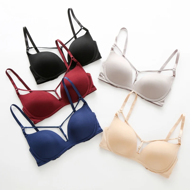

Women Sexy Cross Straps Push Up Bras Glossy Side Gathered Padded Bralette Back Hollow Closure Lingerie Brassieres