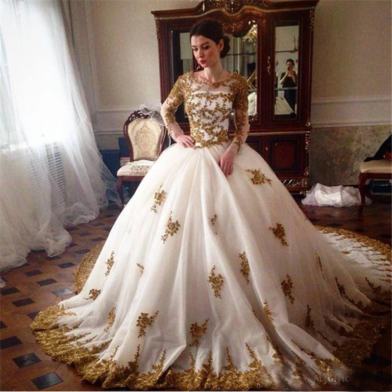 Свадебное платье Роскошные Vestidos Де Novia арабский Scoop шеи с длинным рукавом золото