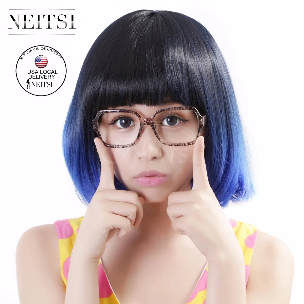 Neitsi 14 Sorot Sintetis Pendek Wig 1 Pc Two Tone Ombre Biru Mode