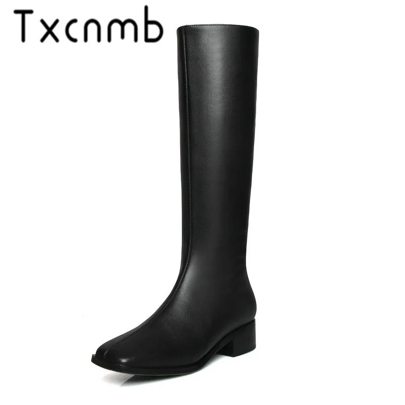 

TXCNMB Boots Women Winter Knee High Boots Genuine Leather Shoes Zipper Low Heels Black Long Bota Feminina Shoes Woman
