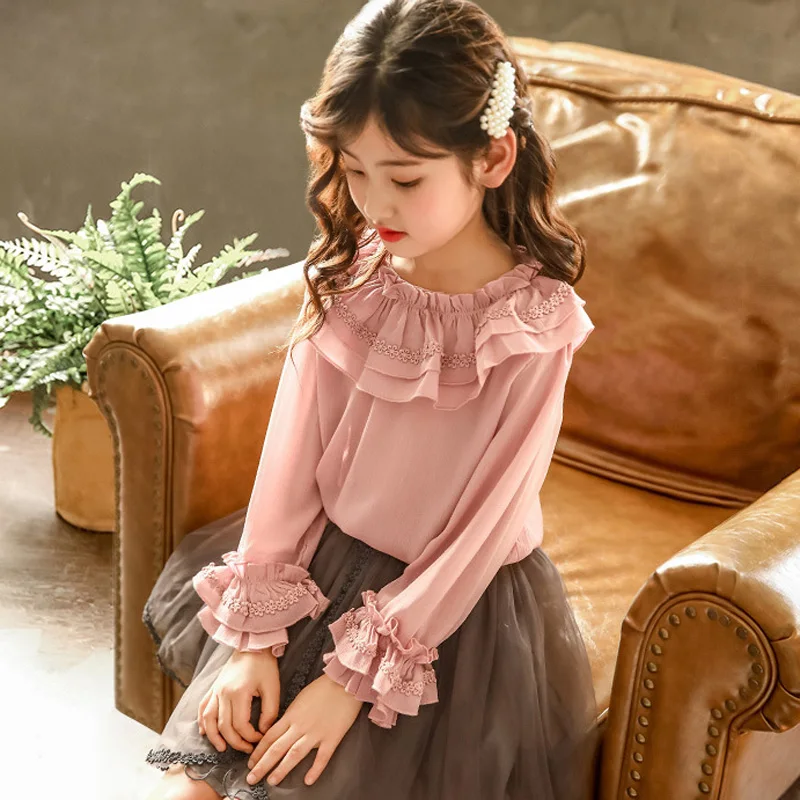  New Girls Blouse Spring Summer Children Chiffon Shirt Kids Clothes Long Sleeve Ruffle School Girls 