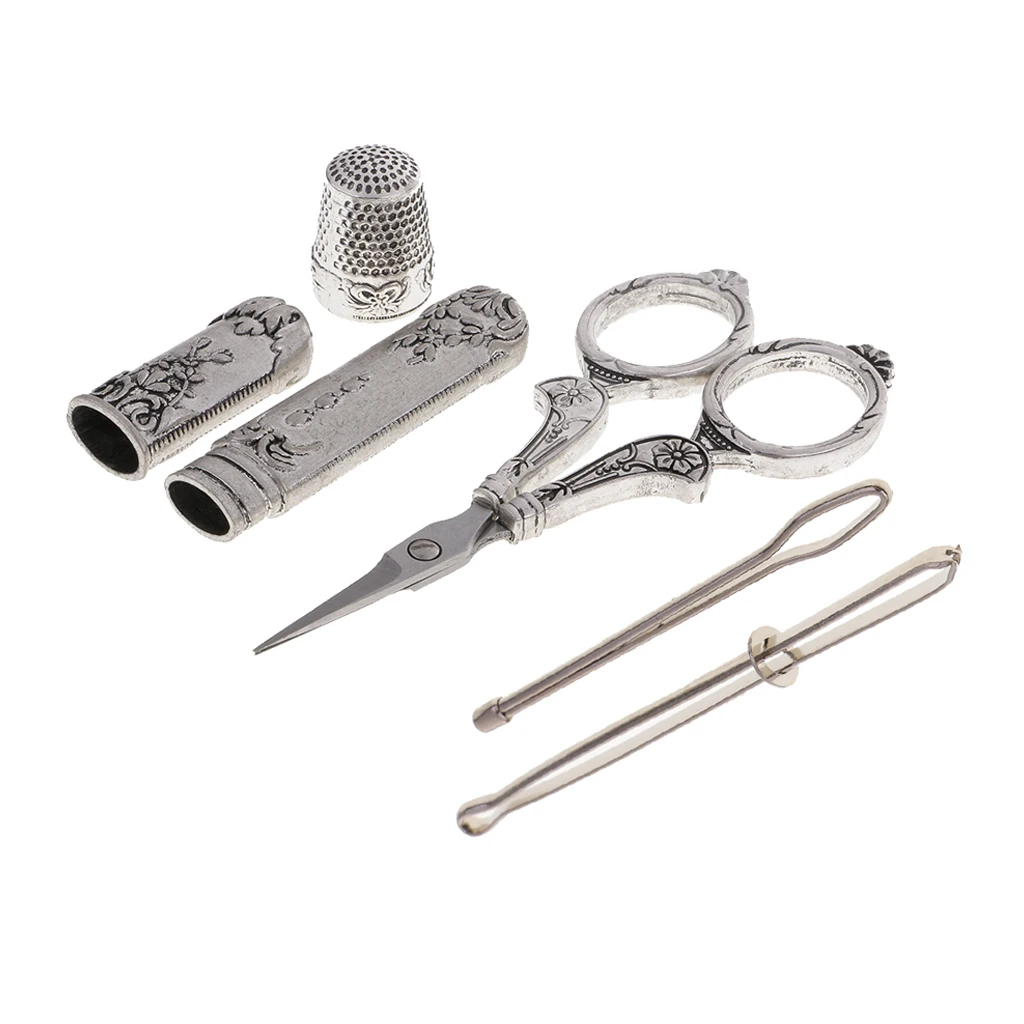 5 Pieces European Vintage Sewing Kit with Scissor Thimble Needle Case Threaders