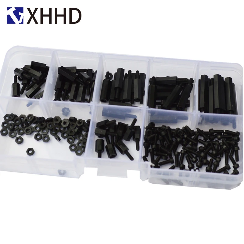 

M2 Black Hex Nylon Column Male Female Standoff Pillar Thread Plastic Hexagon PCB Motherboard Spacer Screw Set Assortment Kit Box