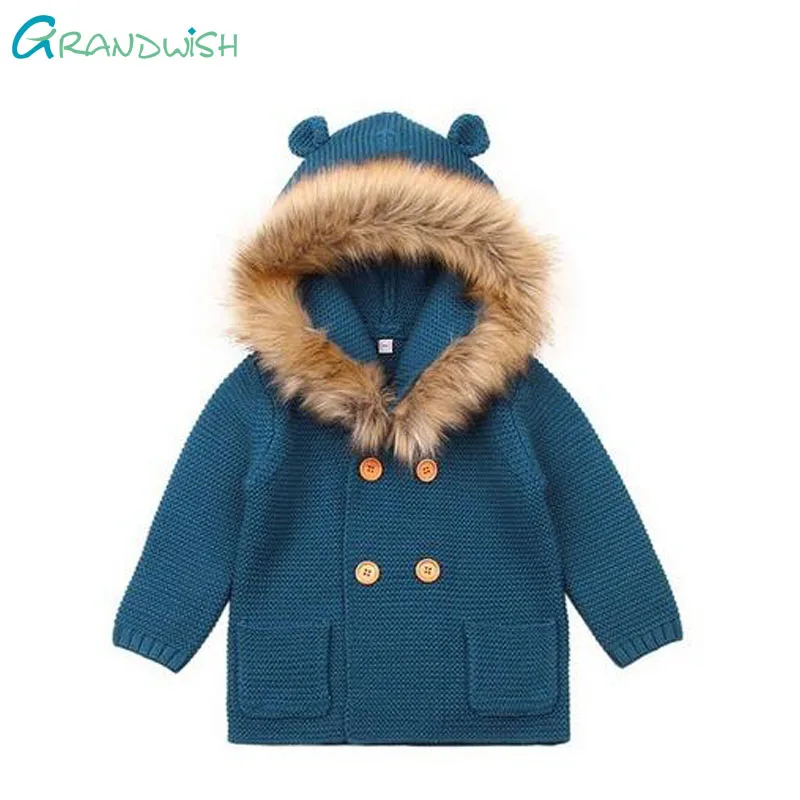 

Grandwish Newborn Baby Winter Warm Sweater Fur Hood Detachable Infant Boys Girl Knitted Cardigan Fall Outwear 6M-24M,JC246