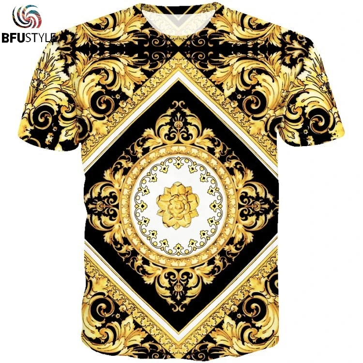 

2019 Summer Design Men Tee Shirts Gold Flower Sculpture Mens Tops Tshirt Personality Casual T-Shirt Wholesale