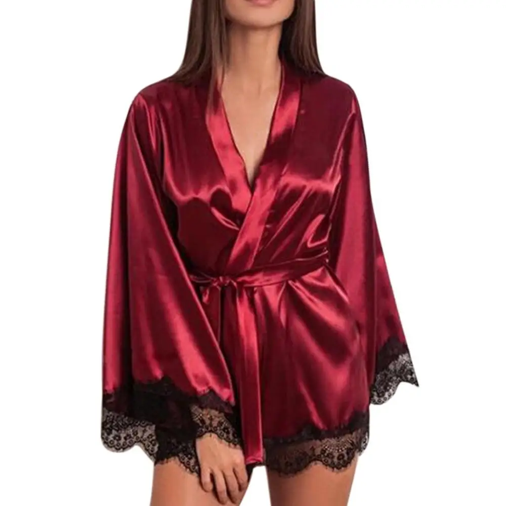 Для женщин пижамы женщина атласная ночная рубашка шелк кружево белье Ночная рубашка сексуальный халат сексуальное женское пикантное белье femme* 8 - Цвет: Красный