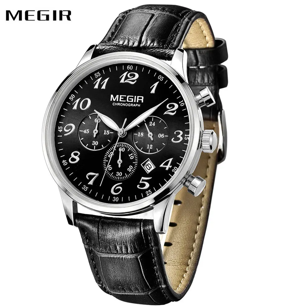 

MEGIR Fashion Waterproof Watches for Men Top Brand Luxury Leather Strap Working 3 Small Sub-dials Chronograph Quartz Wrist Watch