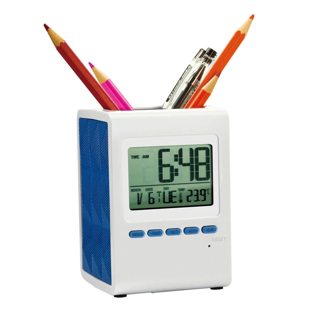 

Multifunctional electronic pen holder with time alarm clock music