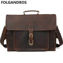 Folgandros Винтаж Портфели Crazy Horse кожа Бизнес сумки ноутбук Тетрадь Документ сумка Для мужчин кожа сумка