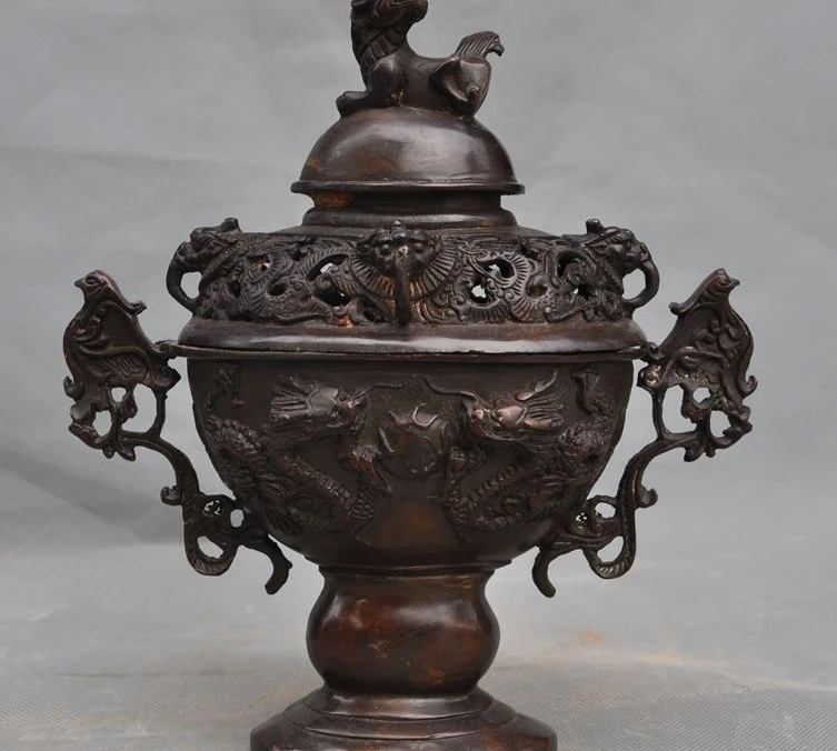 

Old China bronze Dragon Phoenix Foo Dog Lion Beast Statue Incense burner Censer