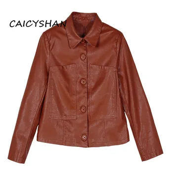 

New Spring Autumn Women Coats Plus Size Fashion Turn-Down Collar Solid Long Sleeve Short Style PU Coat For Women Large Outerwear