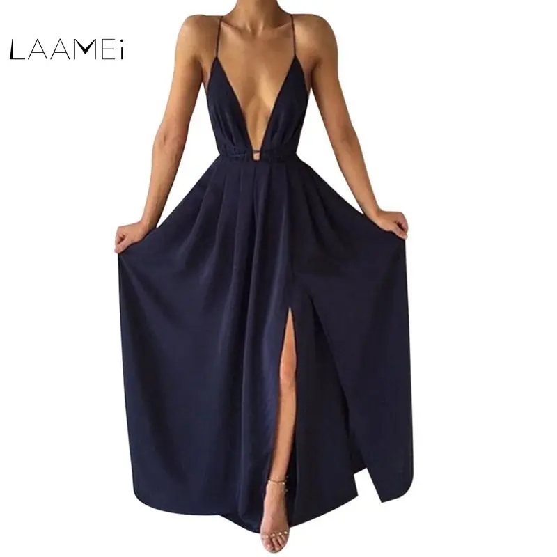 

Laamei 2018 Summer Dress Women Deep V Neck Sexy Dress Spaghetti Strap Backless Fashion Party Chiffon Dress Sundress Vestidos
