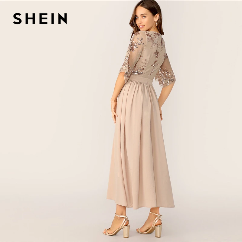 SHEIN модное платье с v-образным вырезом, контрастными пайетками и сетчатыми рукавами, коллекция, Гламурное весенне-летнее абрикосовое ТРАПЕЦИЕВИДНОЕ женское платье с высокой талией