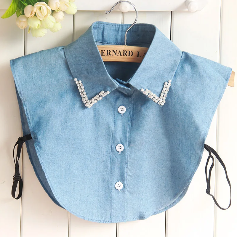 

Winter Sweater Fake Collars Women Korean Beaded Diamonds Light Blue Denim Jeans Dickey Faux Cols Peto Mujer Removable Collar