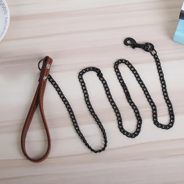 Stainless steel dog chain leash soft PU leather handle pet lead Metal
