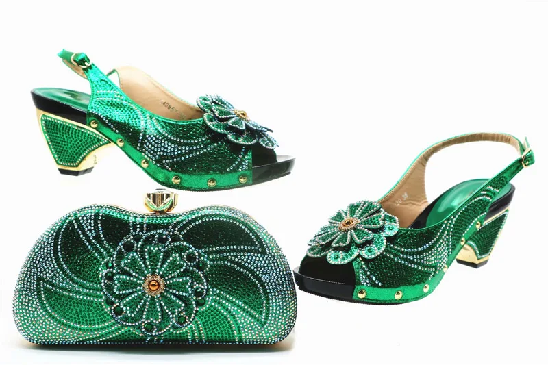 

Grass Green 2019 Decorated With Appliques Flower Nigerian Women Shoes and Bag Matching Set African Shoes and Bag Match for Party