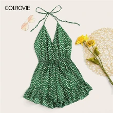 COLROVIE зеленый пестрый Цветочный шнурок талия Холтер Boho комбинезон для женщин Лето спинки комбинезон без рукавов короткий комбинезон