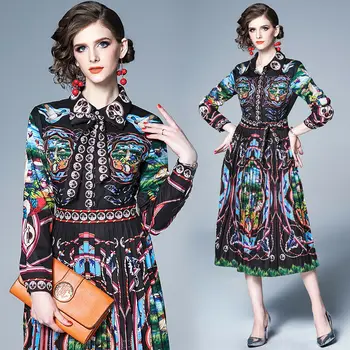 

womens woman ladies Designer Vintage printed Floral runway long Casual beach party Pleated midi office work wear dress for women