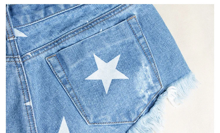 2019 новый летний Стиль Женские джинсы с заниженной талией шорты для женщин бахромой звезды печати джинсовые короткие модные синие