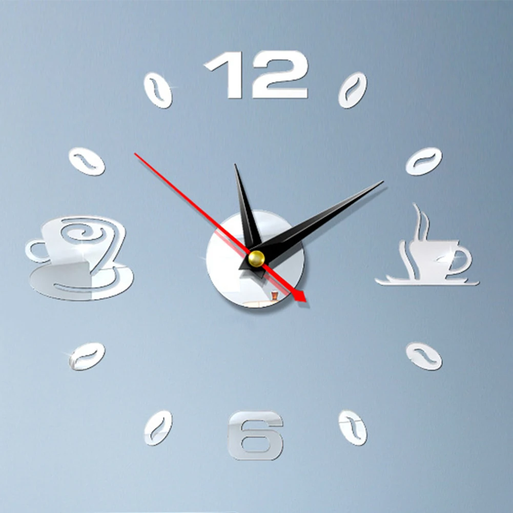

Wall Clock Analog Mute DIY Coffee Cups Decor Waterproof Art 3D Home Kitchen Self Adhesive Acrylic Mirror Modern