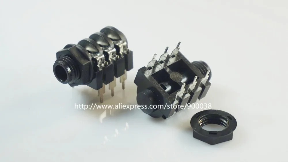 500 pcs 0 250 6 35 mm stereo phone Jack socket Headphone Connector 3 conductor 6 contact through hole right angle 3 switches