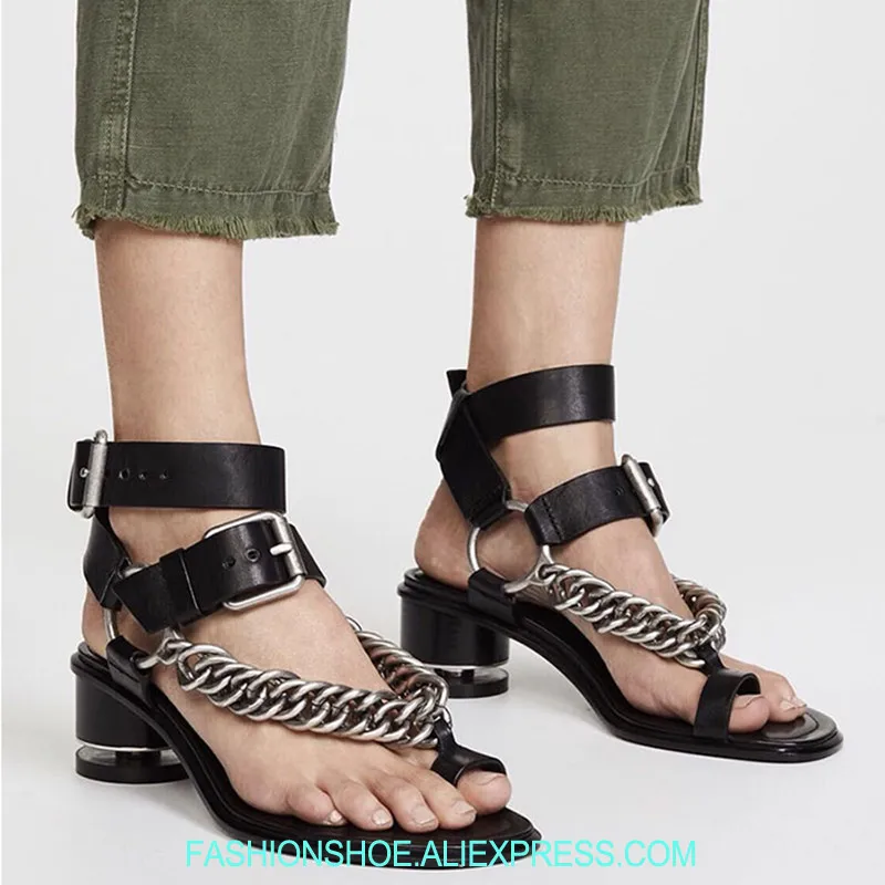 

Punk Style Metal Chains Summer Shoes Woman Real Leather Women Sandals Gladiator Strange Heel Sandalias Mujer 2018 Fashion Trends
