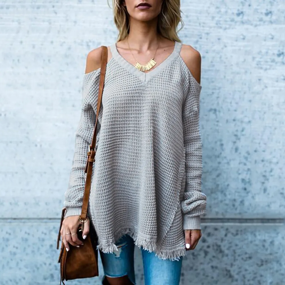 New Women Autumn Off Shoulder Sweater Long Sleeve Loose Soild Color Knitted Casual Pullovers Shrug Sweaters Ladies Outwear Coats