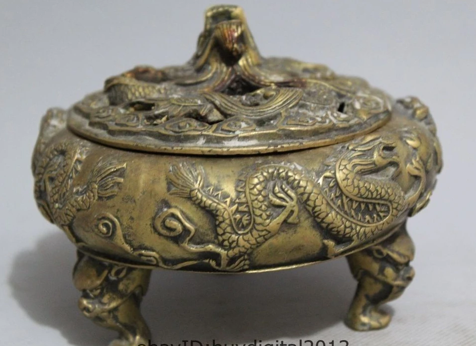 

China Brass carved dragon Play Bead censer Incense burner Sculpture Statue