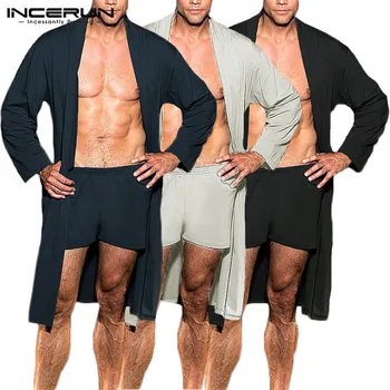 

INCERUN Men Nightgown Pajama Pants Set Simple Solid Color Breathable Traditional Casual Loose High Quality Home 2019 Pajamas 5XL