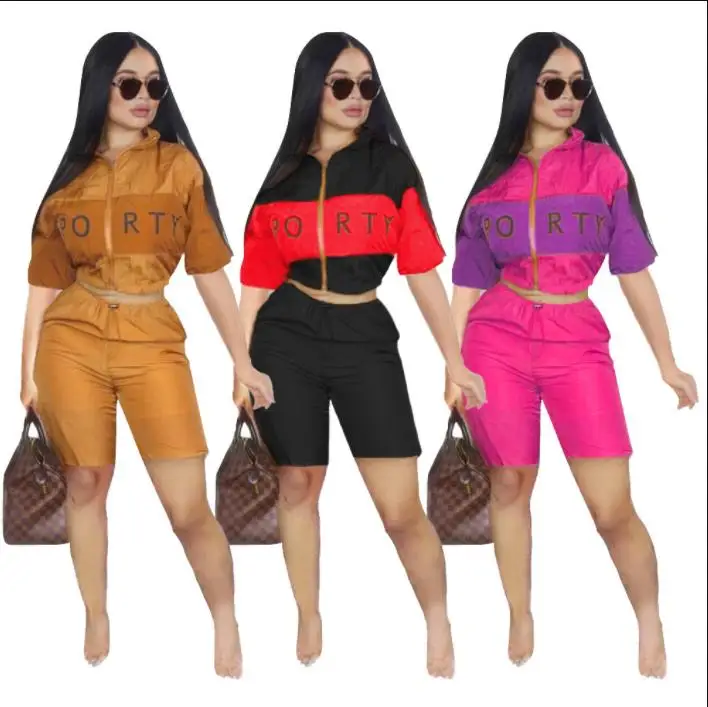 

women new summer 2019 half sleeve sporty letter print splicing zipper up trench half length pants suit 2pcs set tracksuit D9100