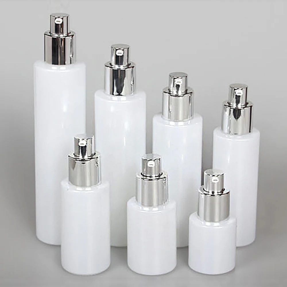 Glass Spray Bottle Packaging,80ml Pearl White Bottle with Lotion Pump Cap