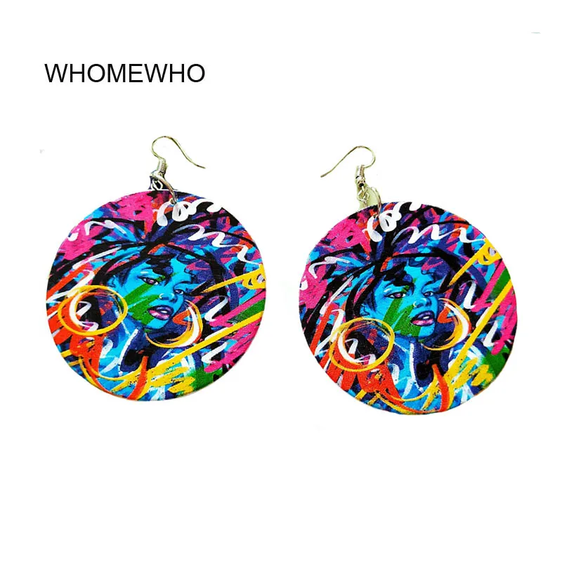 

DIY Handmade Wood Africa Blue Girl Mysterious Colorful Painting Round Vintage Earrings Wooden African Bohemia Afro Ear Jewelry