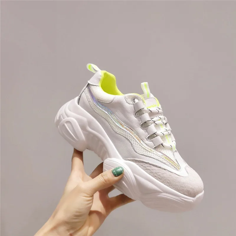 

Women's Genuine Leather Thick-soled Mesh Lace Sneakers Spring Autumn New Fashion Comfortable Soft Breathable Casual White Shoes