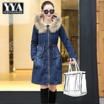

2019 Fur Lining Hooded Long Coat Women Long Sleeved Zipper Vintage Winter Korean Style Slim Fit Fashion Warm Denim Female Parkas