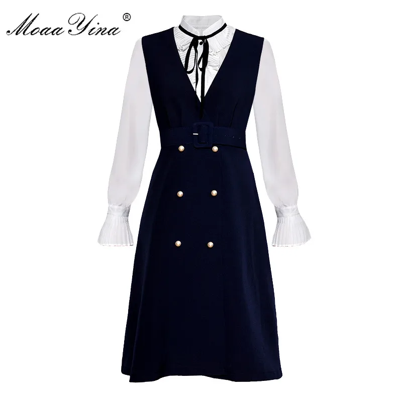 

MoaaYina Long sleeve White Ruched Elegant dress Belt Vest Double-breasted FashionTwo-piece set Spring Summer Women Suit