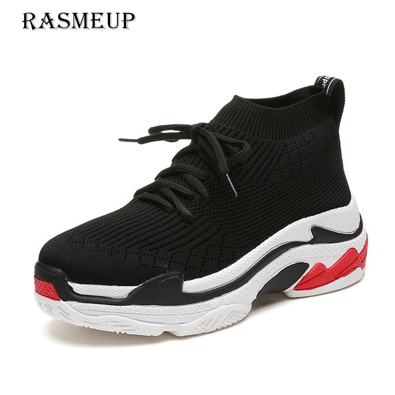 

RASMEUP Mesh Breathable Women's Sneakers 2018 Fashion High Top Women Knit Platform Shoes Casual Lace Up Woman Tenis Footwear