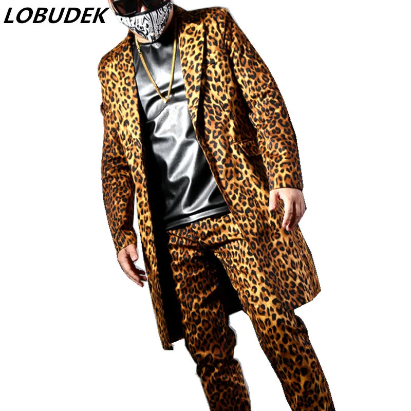 Fashion Leopard Printing Lange Colberts Blazers Suits Bar Nachtclubzangeres DJ Stage outfit Rock Hip Hop Rock kostuums