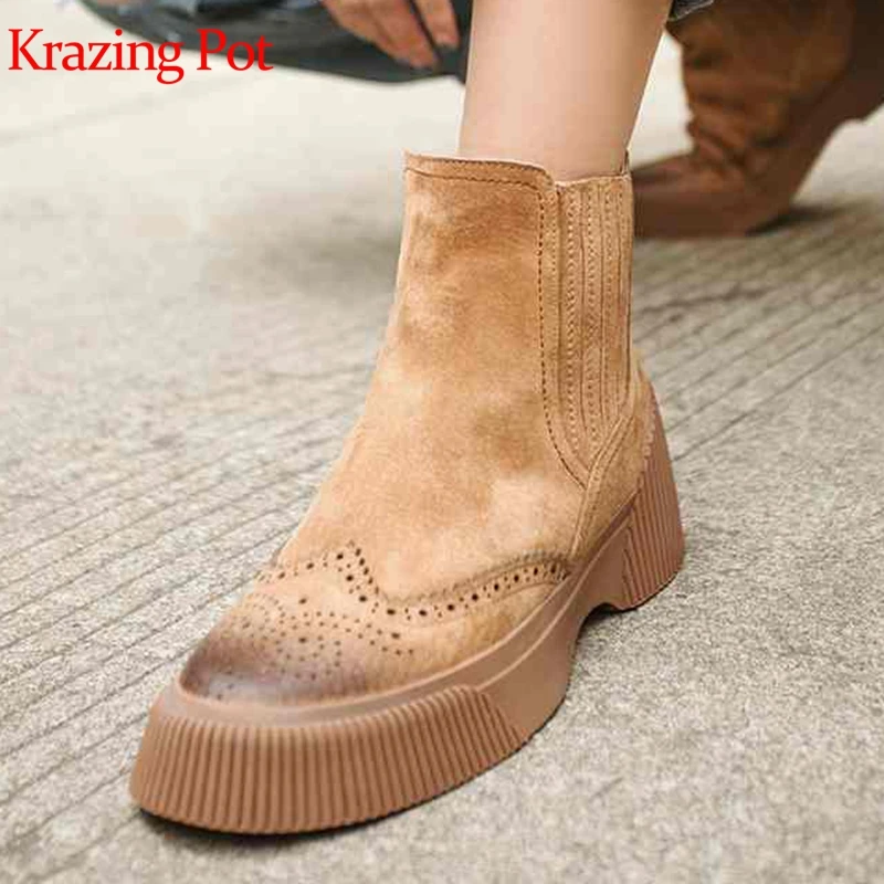 

Krazing pot pig leather round toe 4 cm med heels Chelsea boots concise design Korean version European Oxfords ankle boots L02