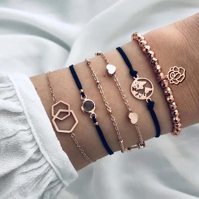 

6 Pcs/Set Love Heart Hexagon Charm Women's Bracelets Bangles Hollow Flower Map Bracelets Jewellery Fashion Bracelets Woman 2019