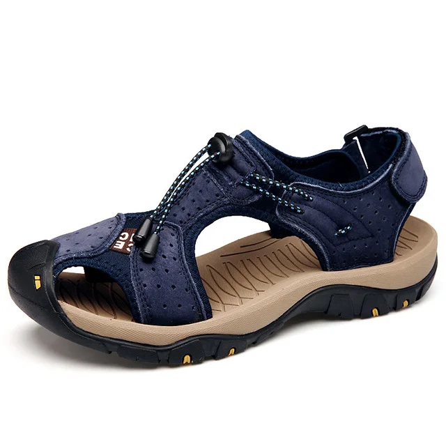 Брендовые популярные сандалии; Мужская обувь из натуральной кожи; модные мужские сандалии; Новинка года; летняя пляжная обувь; мужская повседневная обувь; Sandalias Hombre - Цвет: V7236-blue