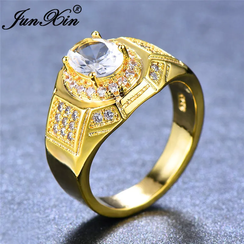 Великолепное кольцо из белого овального камня для мужчин и женщин с кристаллом, Цирконом, модное, 18 К, желтое золото, заполненное, свадебные ювелирные изделия, кольца для обещаний
