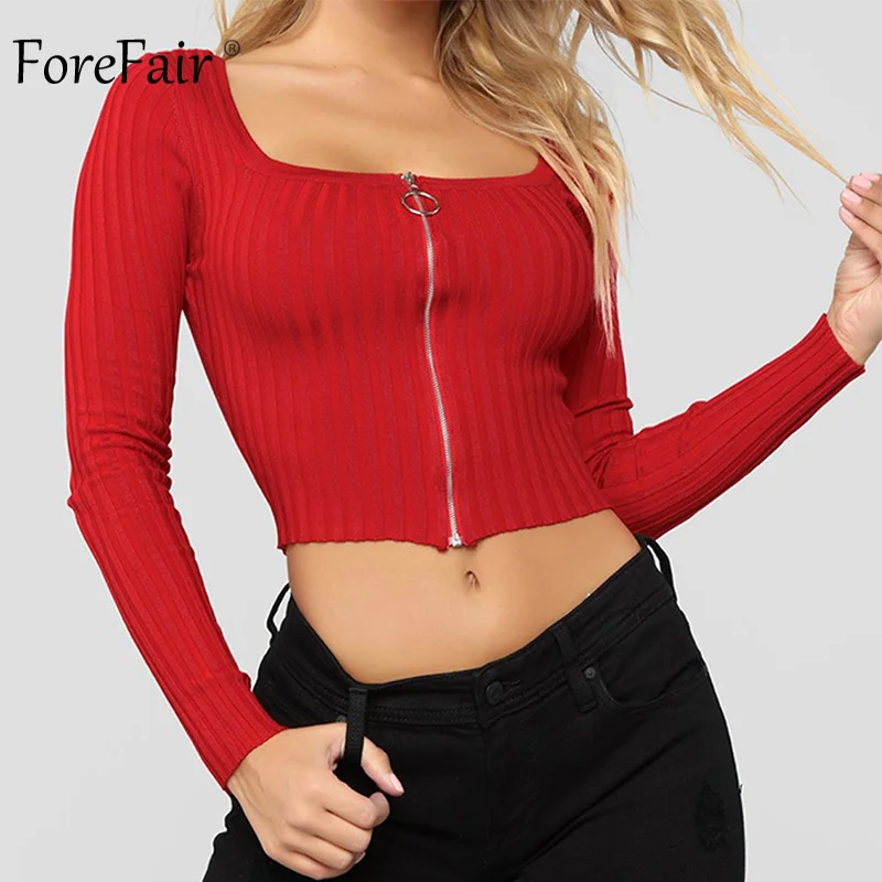 

Forefair Chain Zipper Long Sleeve Shirt Women Black White Sexy Short Slim Cotton T Shirt Winter Autumn