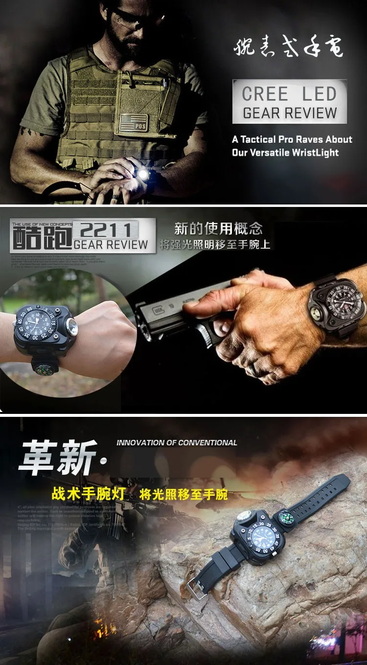 Multifunction USB Rechargeable Wristwatch Lamp Wrist LED Flashlight Watch Light with Compass Bracelet Torch for Night Running