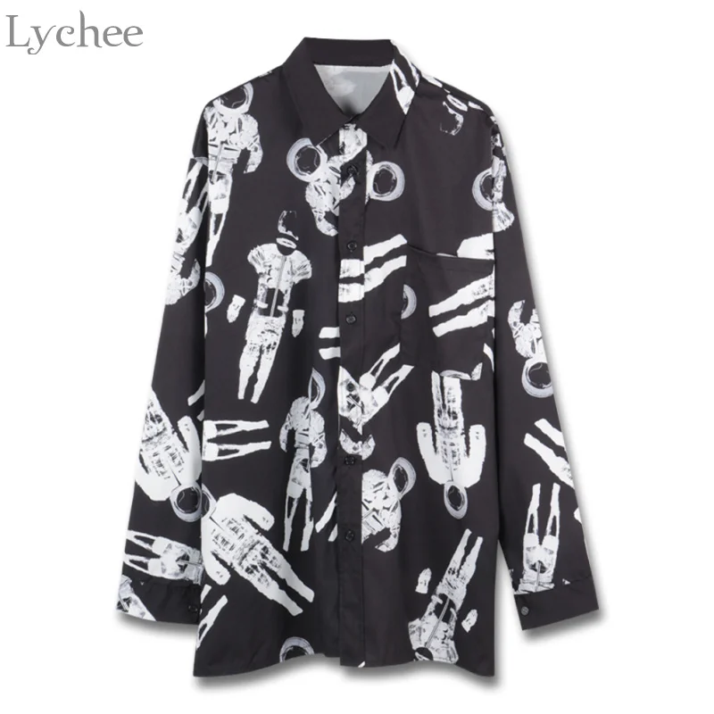 

Lychee Harajuku Women Blouse Robot Spaceman Casual Loose Turn Down Long Sleeve Shirt Spring Autumn Tops Female