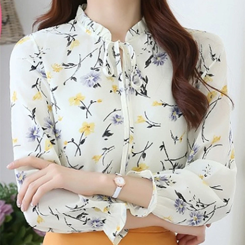 

New Floral Chiffon Shirt Women Office Work Lady Loose Chiffon Blouse Ladies Stand Collar Print Shirt Female Fashion Shirts