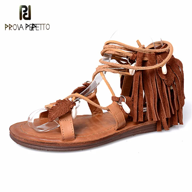 

Prova Perfetto Bohemian Style Peep Toe Narrow Band Leisure Woman Sandals Fashion Fringe Soft Sole Genuine Leather Flat Shoes