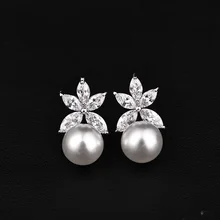 Белые, красные жемчужные серьги-гвоздики для женщин, серебряные, розовые, золотые, цветные серьги с сияющими Фианитами, модные ювелирные изделия для девочек, подарок