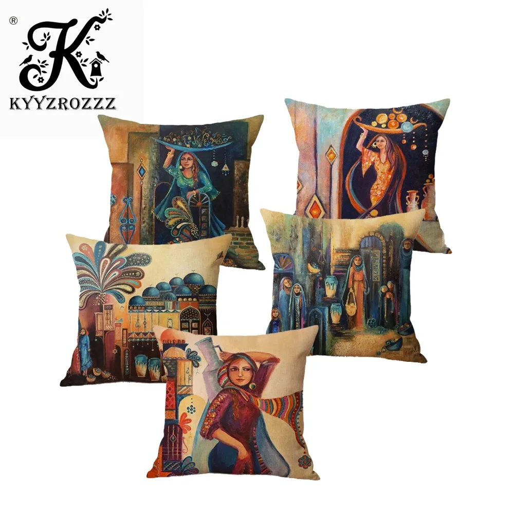 

Islamic Painting Art Arab Woman Carrying Plate Muslim Home Decoration Sofa Throw Pillow Case Mediterranean Style Cushion Cover