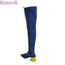 Перекрестной шнуровкой выше колена женские сапоги на высоком каблуке с острым носком, с бантом; Цвет черный, синий; botas feminine желтый странный стиль каблука облегающие сапоги